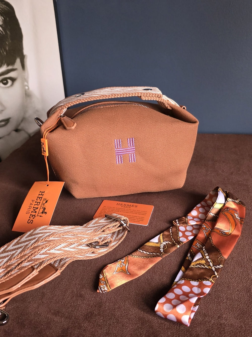 Her mes Orange Canvas Pouchette with Purple 'H' Embroidery